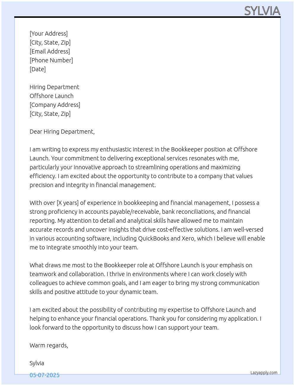 bookkeeper At Offshore Launch Cover Letter