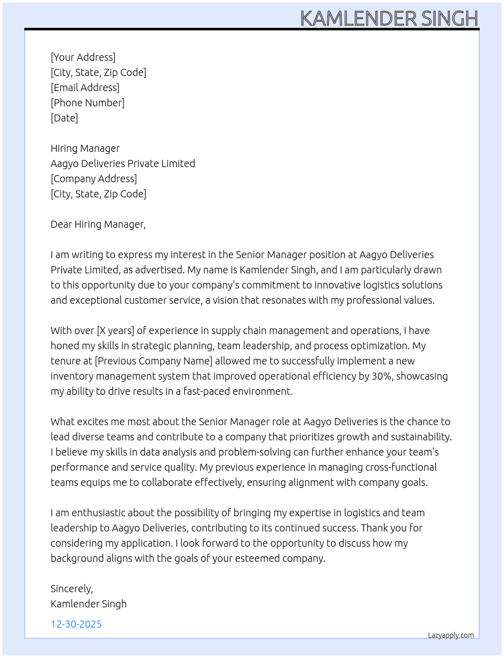 Senior Manager At Aagyo Deliveries Private Limited Cover Letter