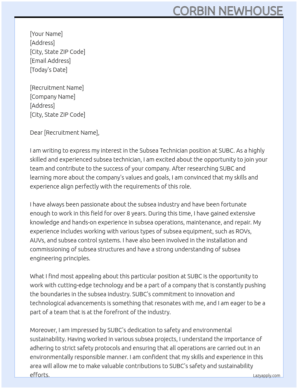 subsea technician At SUBC Cover Letter