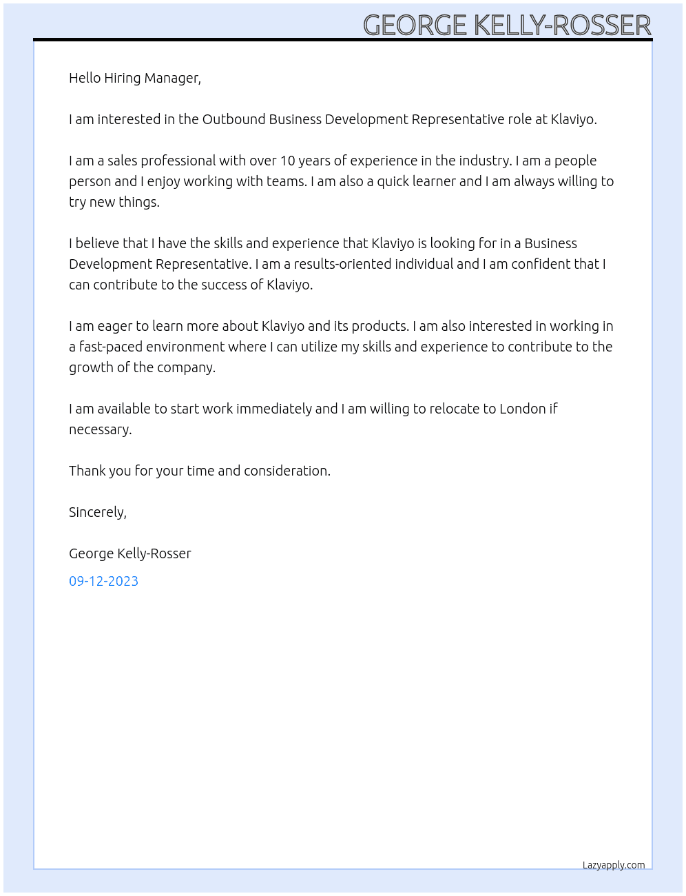 Outbound Business Development Representative At Klaviyo Cover Letter