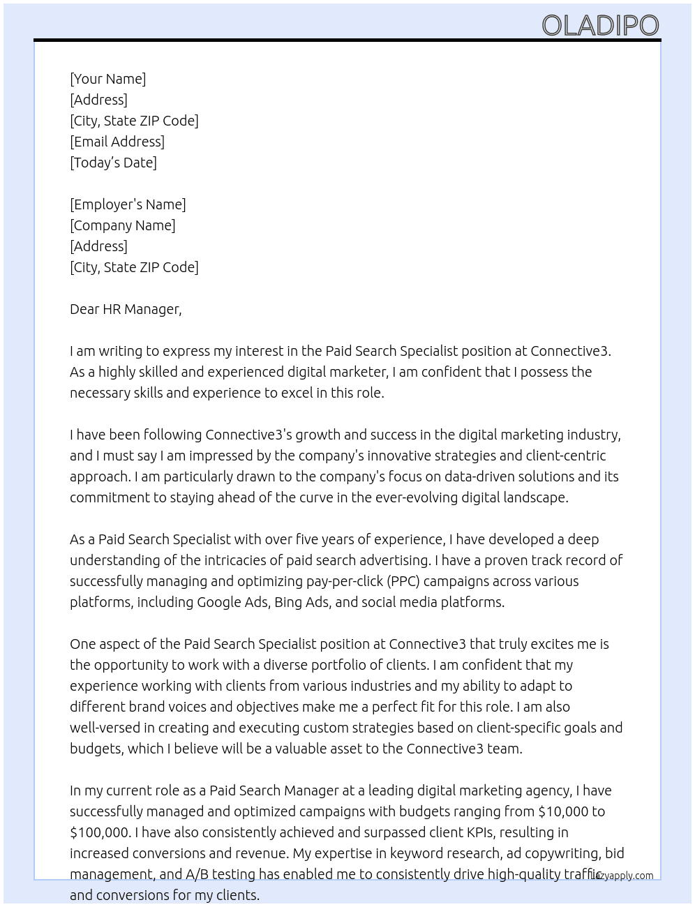 Paid Search Specialist At Connective3 Cover Letter