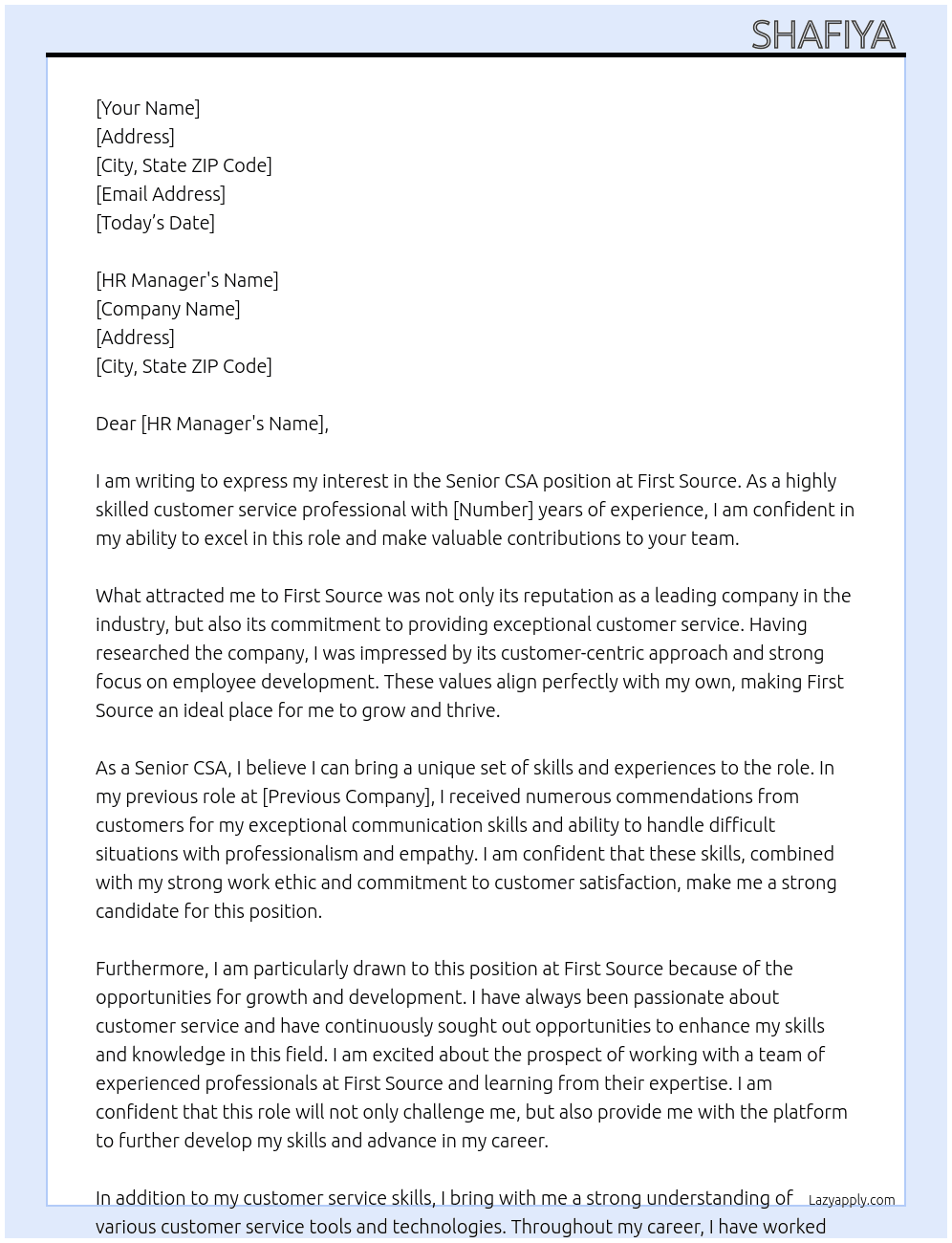 Cover letter for senior csa - LazyApply