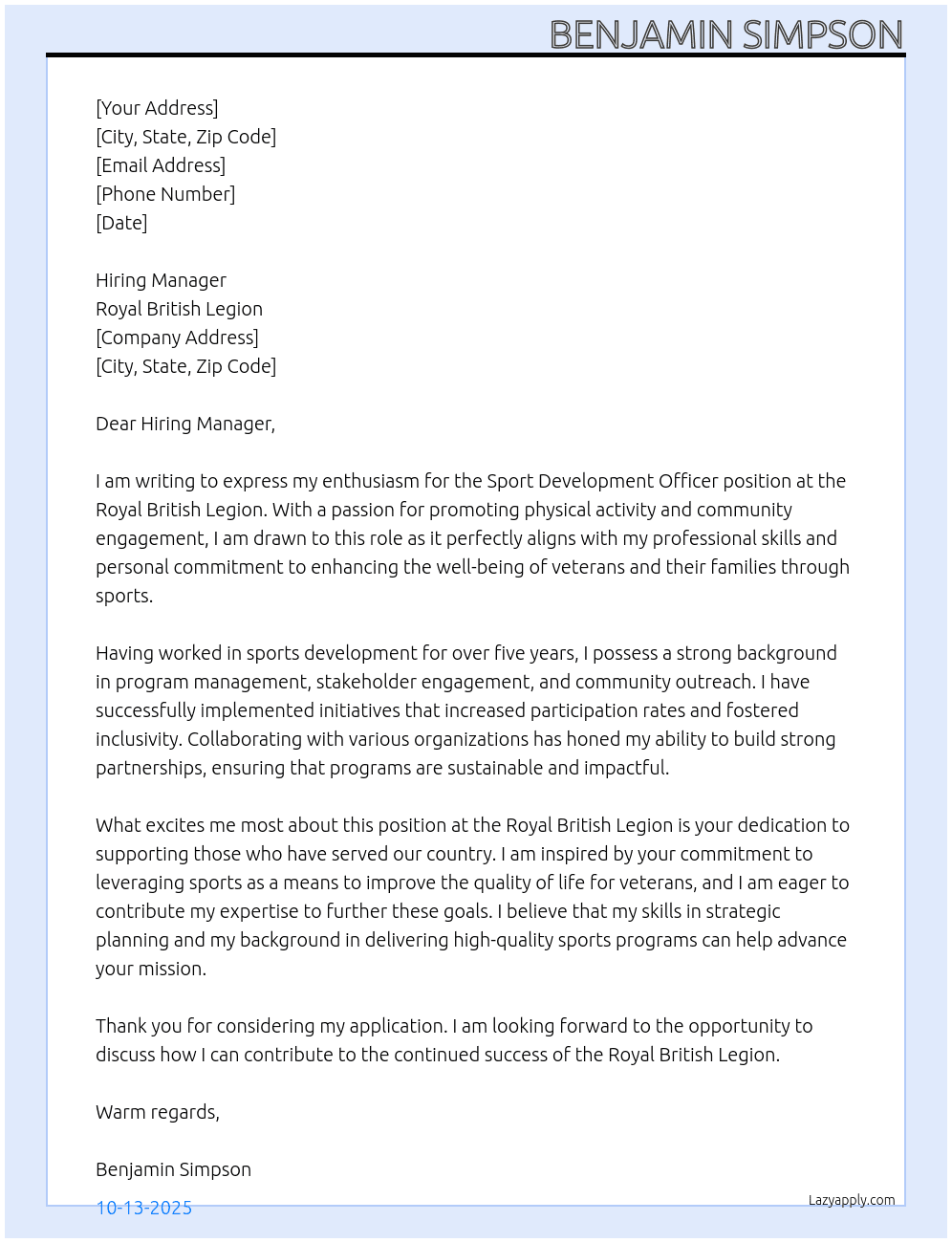 Cover letter for sport development officer - LazyApply