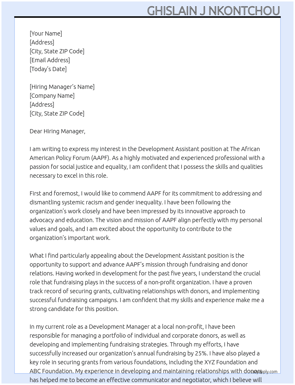 Development Assistant At The African American Policy Forum (AAPF)  Cover Letter