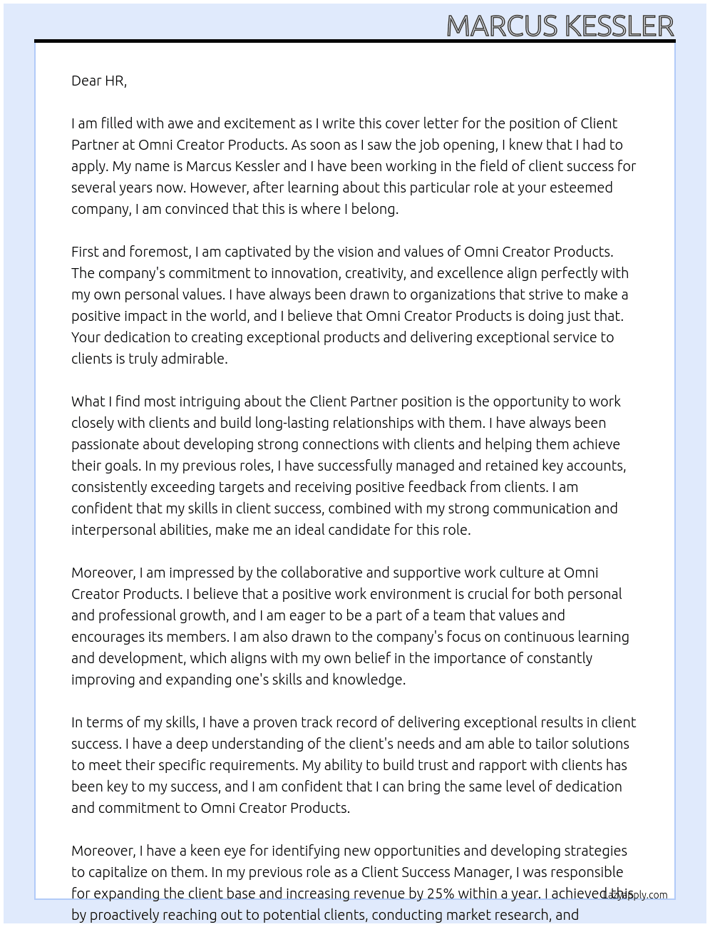 Client Partner At Omni Creator Products Cover Letter