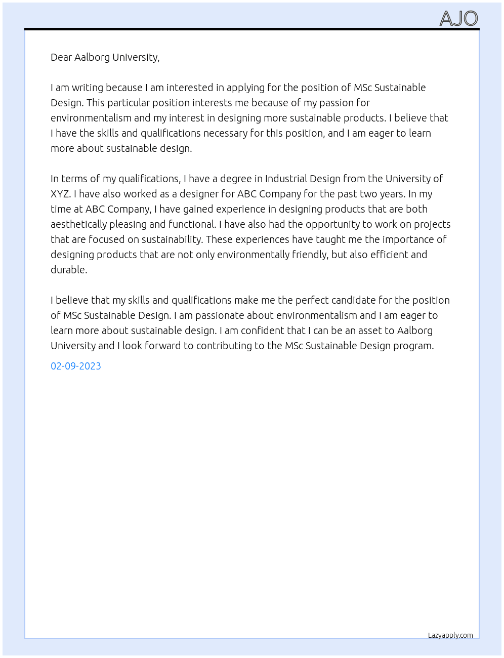 MSc Sustainable Design At MSc Sustainable Design Cover Letter
