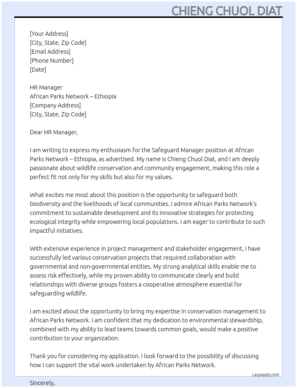 Cover letter for safeguard manager - LazyApply