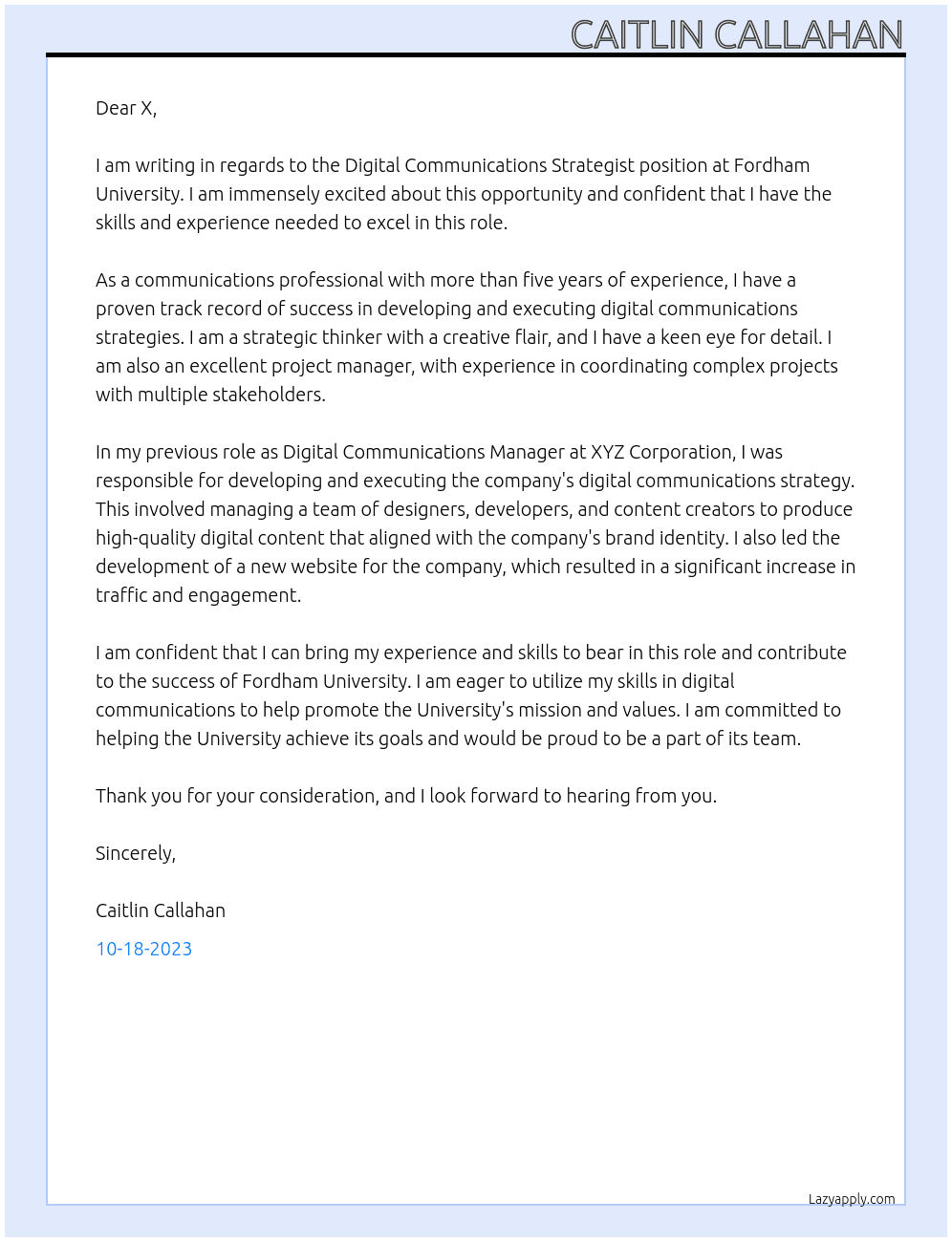 Digital Communications Strategist  At Fordham University  Cover Letter