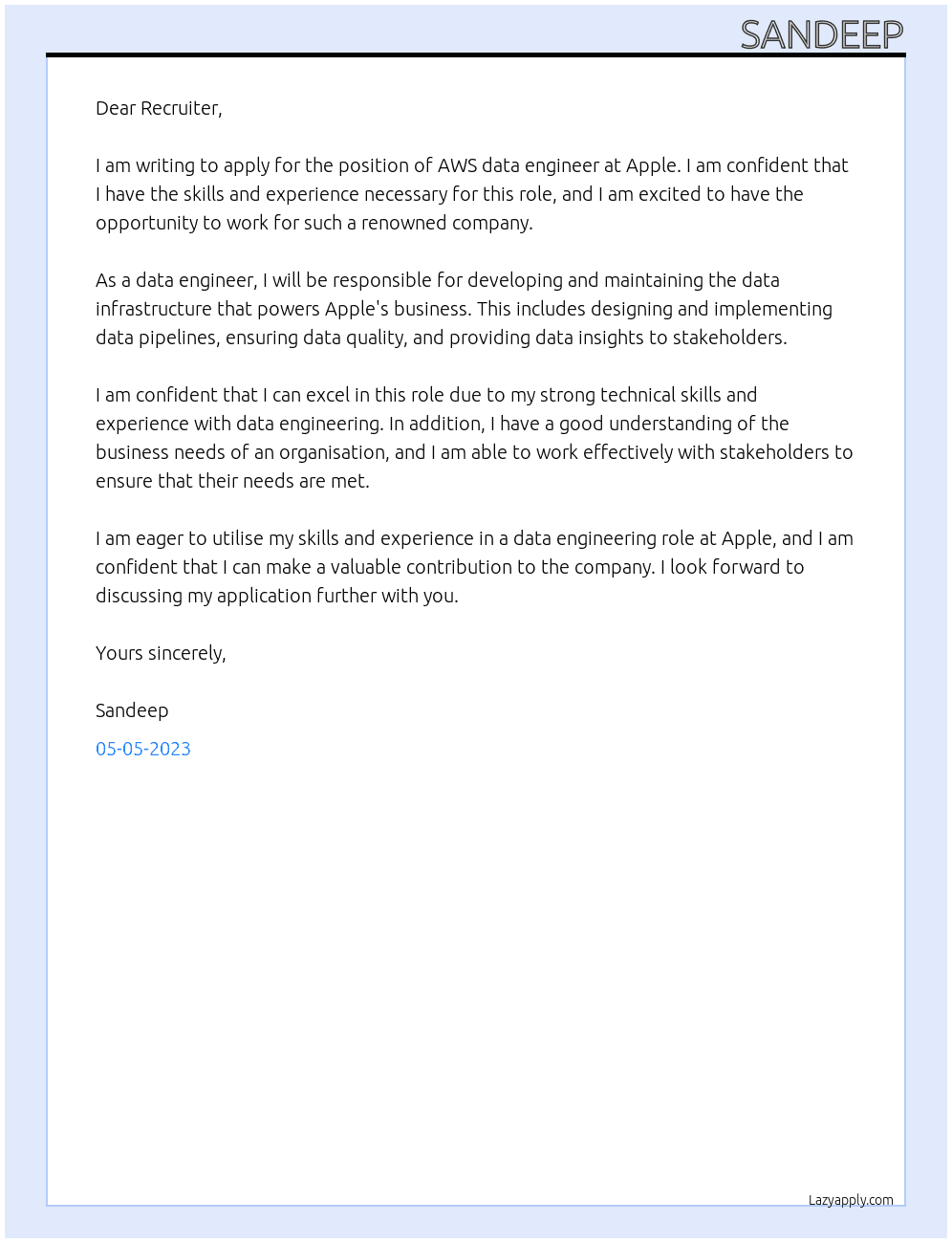 AWS data engineer At Apple  Cover Letter