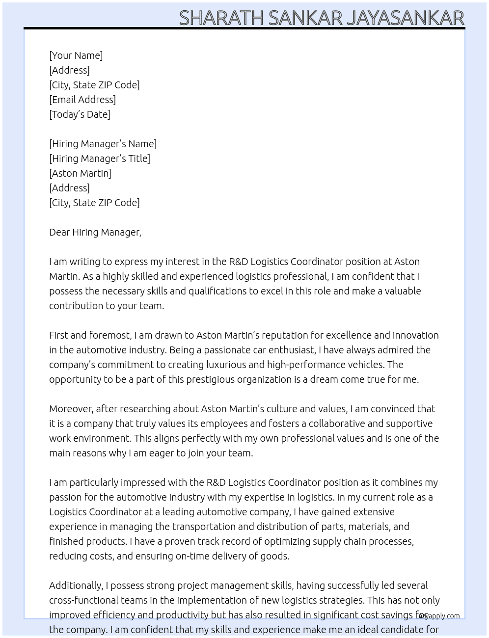 R&D Logistics Coordinator At Aston Martin Cover Letter
