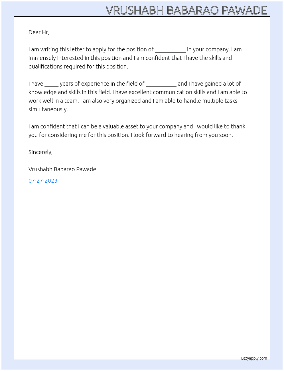 Any relevant field suitable for me At Dhanuka Agritech Cover Letter