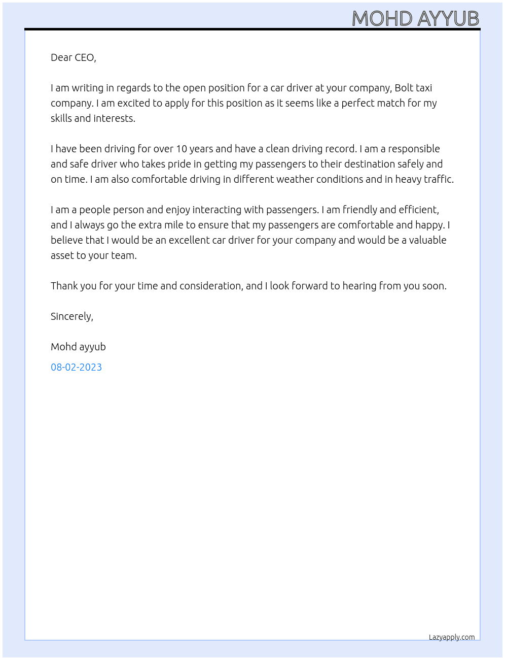 Car driver  At Bolt taxi company  Cover Letter