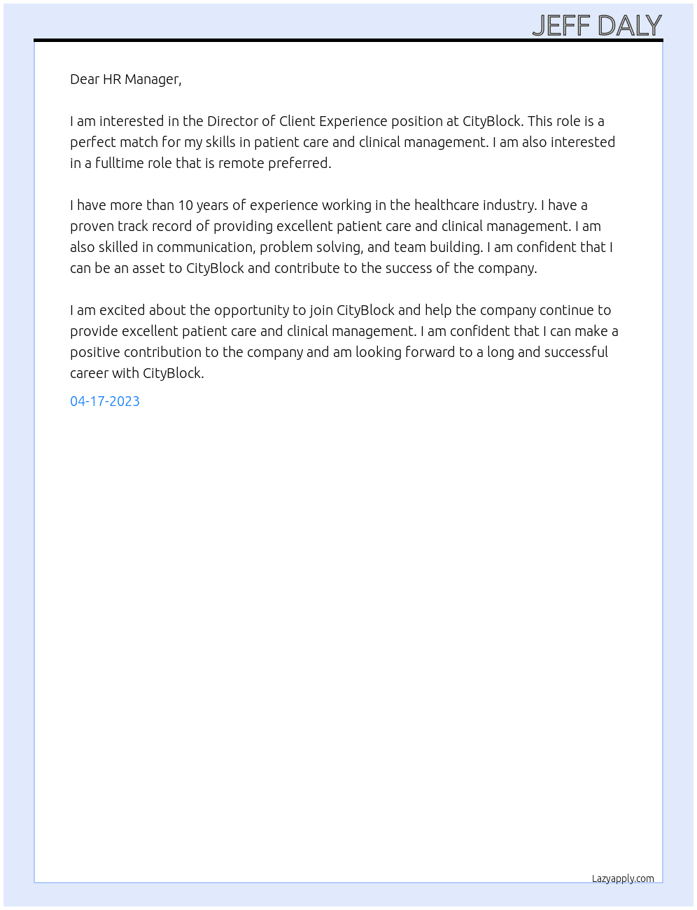 Director of Client Experience At CityBlock Cover Letter