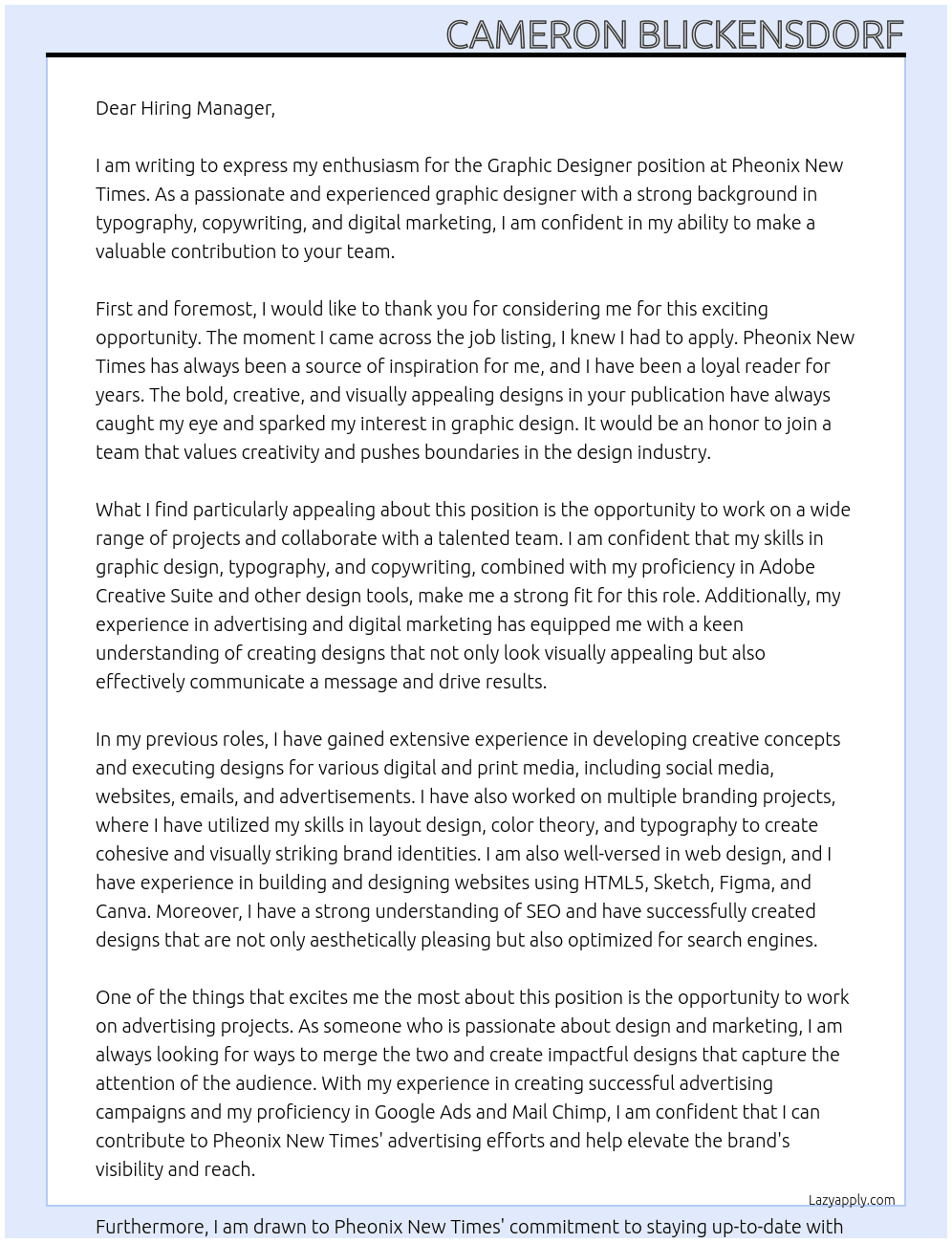 Graphic Designer At Pheonix New Times Cover Letter