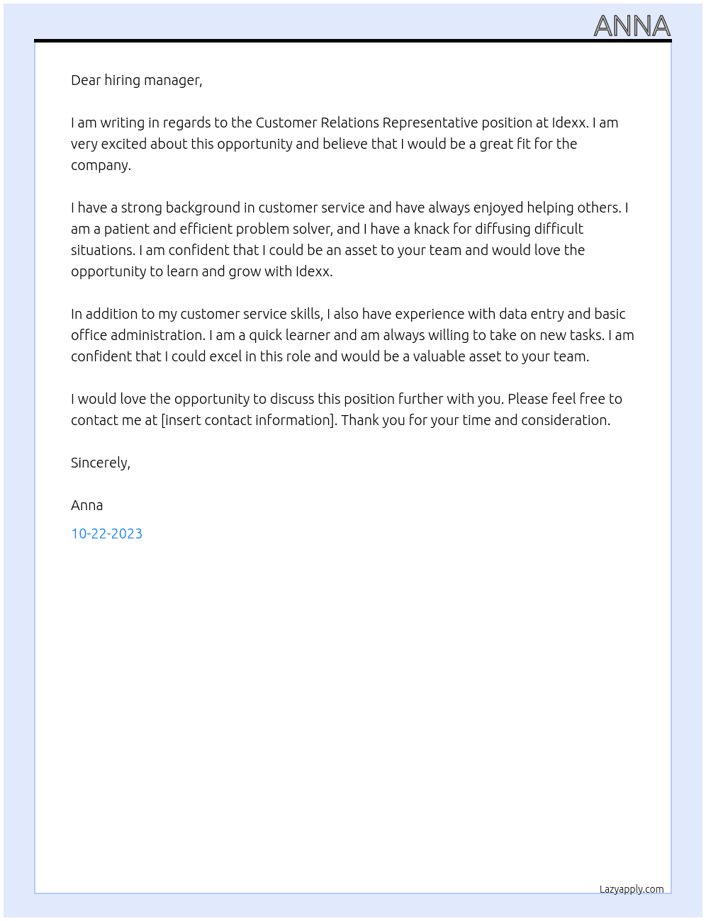 Customer Relations Representative At Idexx Cover Letter
