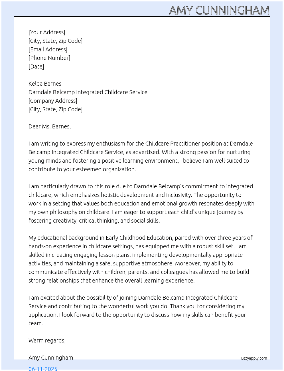 Cover letter for childcare practitioner - LazyApply