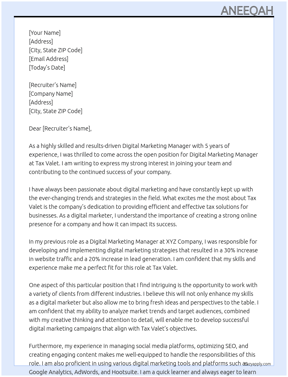 Digital Marketing Manager At Tax Valet Cover Letter