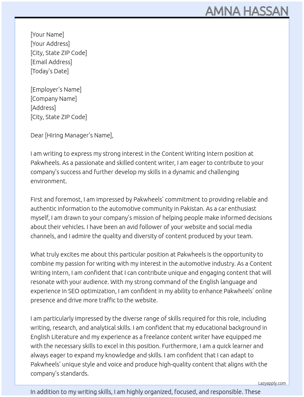 Content Writing Intern At Pakwheels  Cover Letter