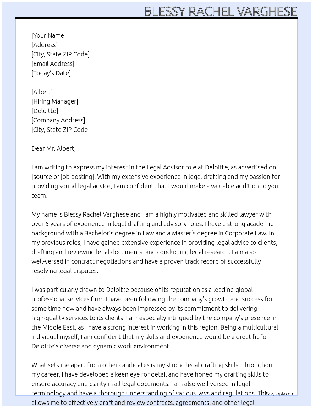 lawyer At deliotte Cover Letter
