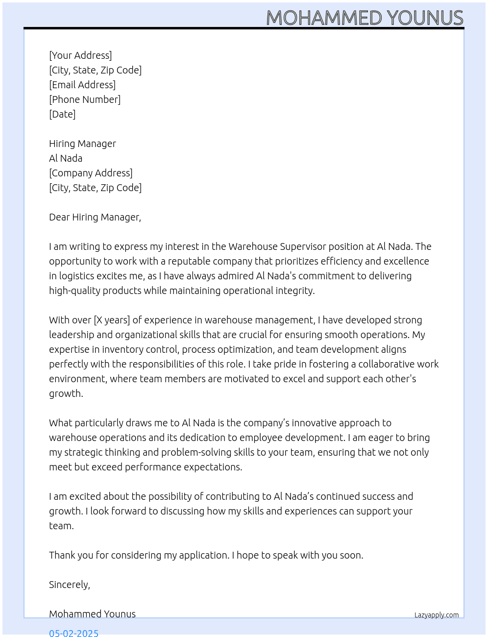 Warehouse supervisor  At Al nada Cover Letter