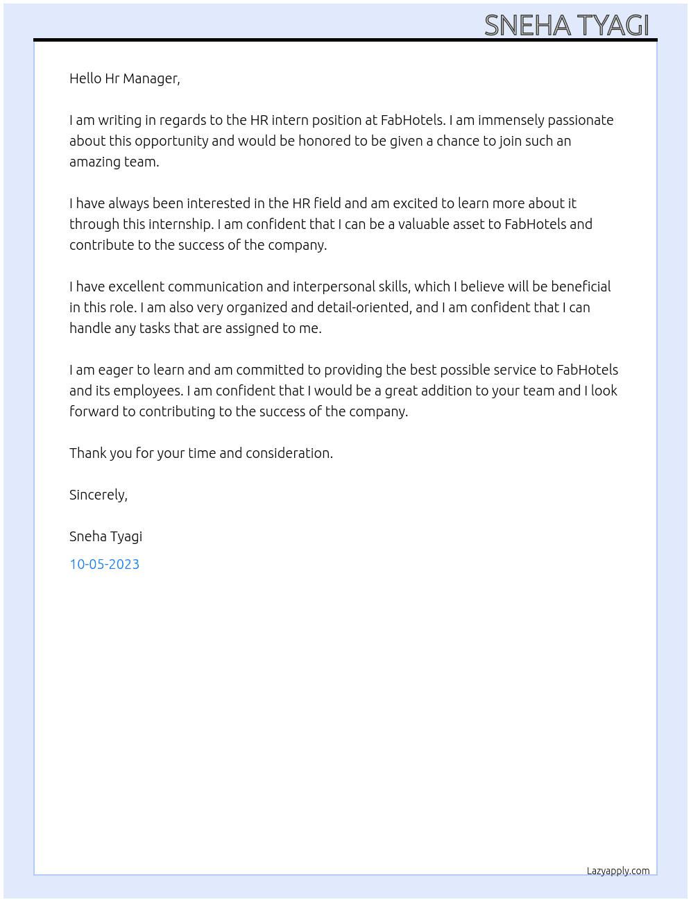 HR intern  At FabHotels Cover Letter