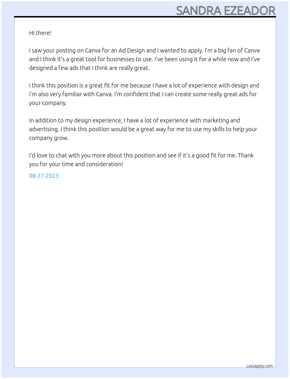 Create me an Ad Design in Canva At nnnn Cover Letter
