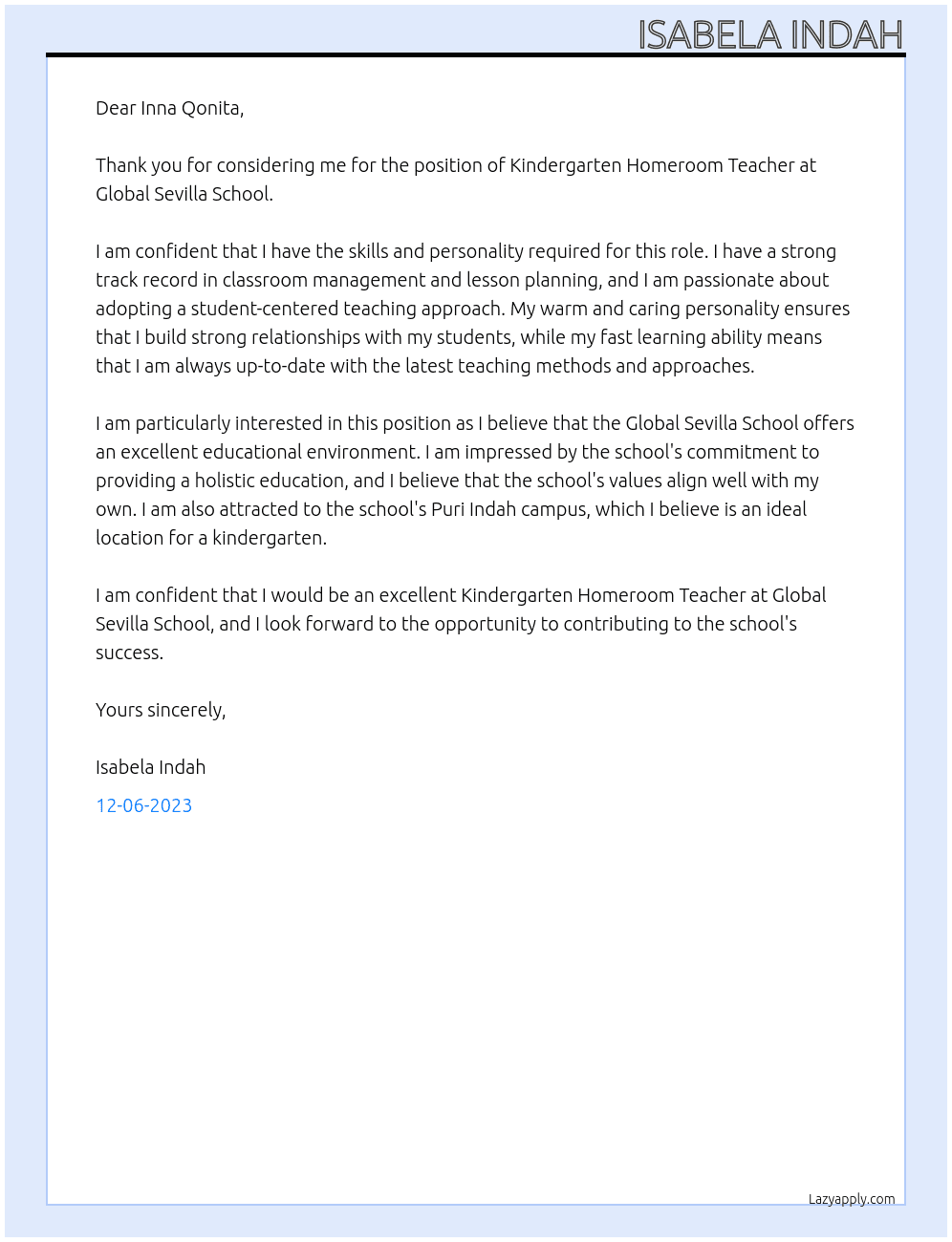 Kindergarten Homeroom Teacher At Global Sevilla School Cover Letter