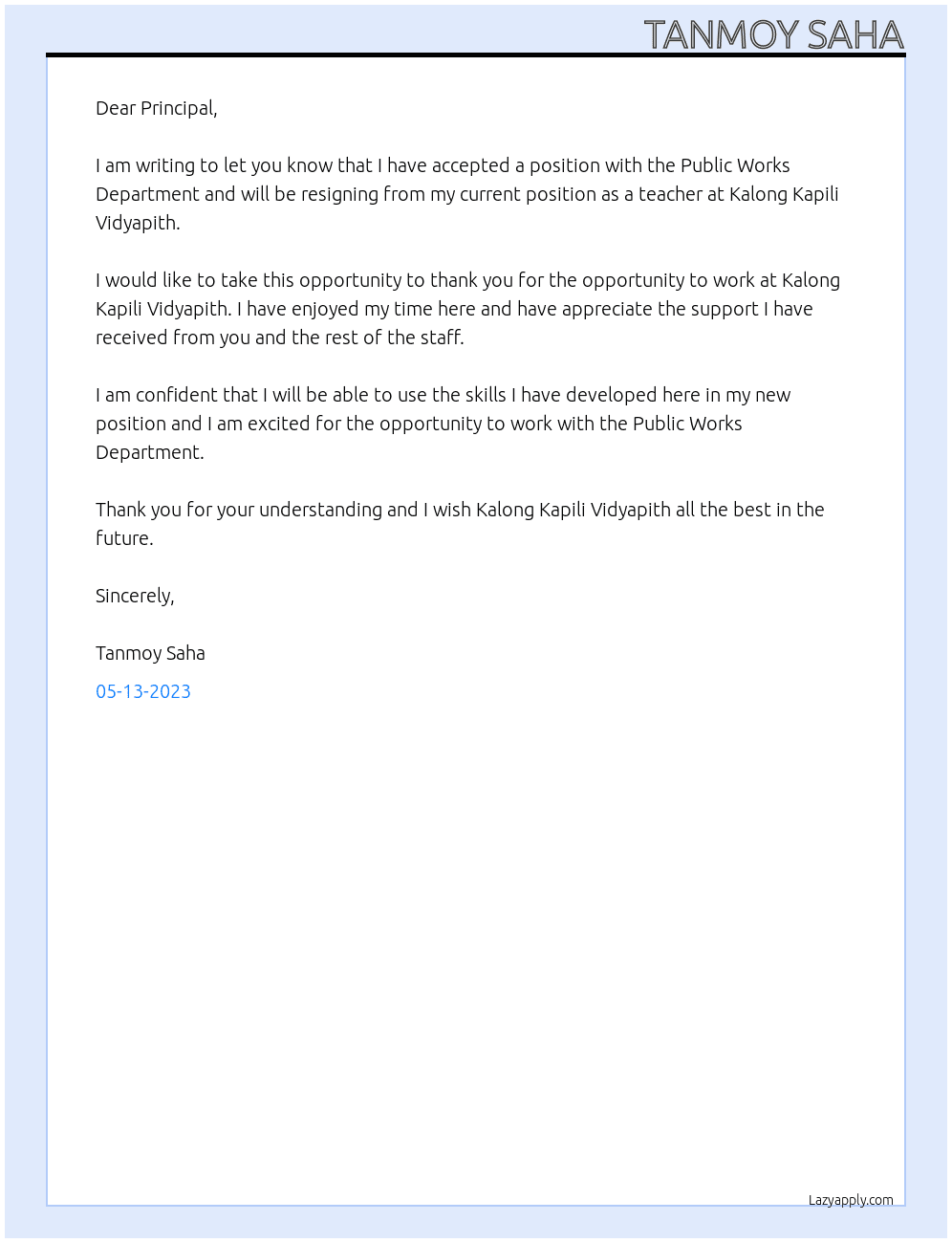 Resignation letter due to getting job in pwd At Kalong Kapili Vidyapith Cover Letter
