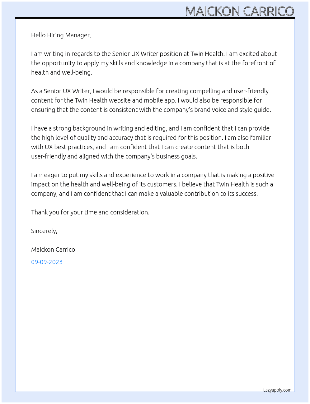 Senior UX Writer At Twin Health Cover Letter