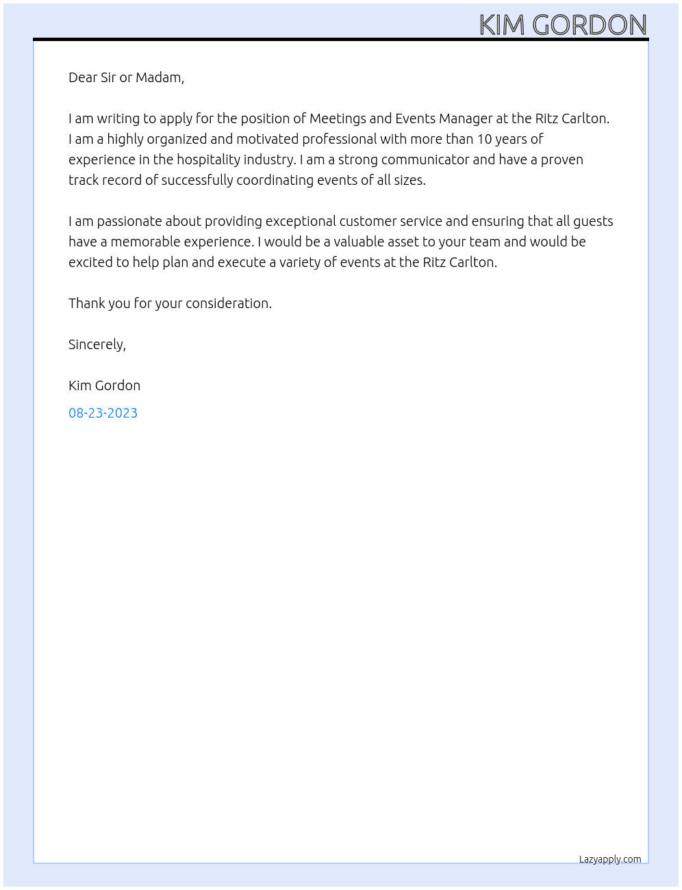 Meetings and Events Manager At Ritz Carlton Cover Letter