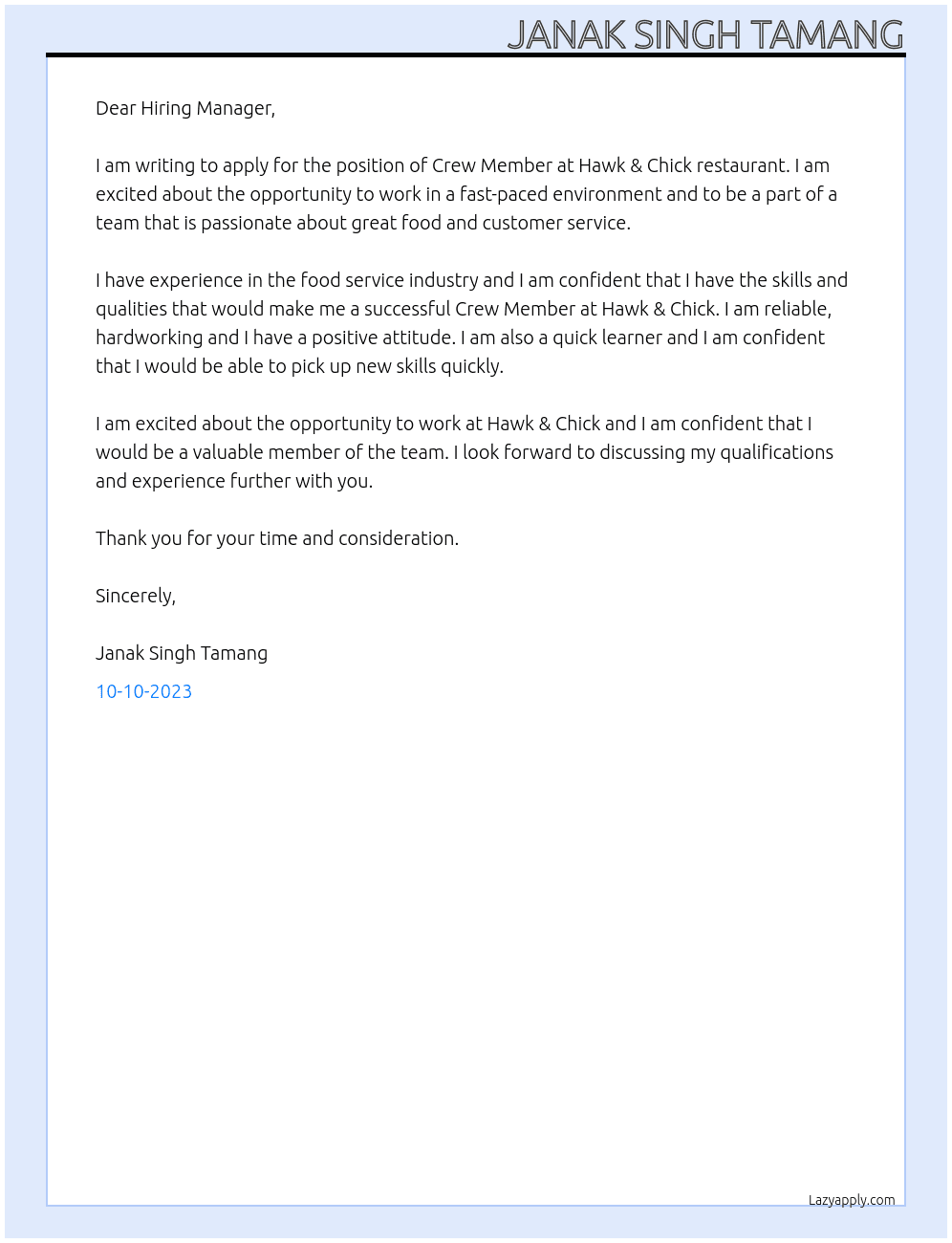 Crew Member At Hawk & Chick restaurant Cover Letter