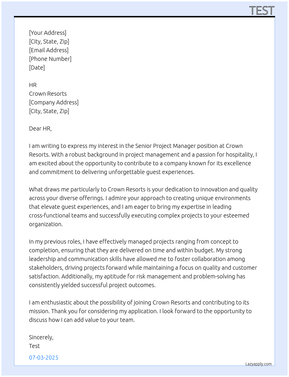 Senior Project Manager At Crown Resorts Cover Letter