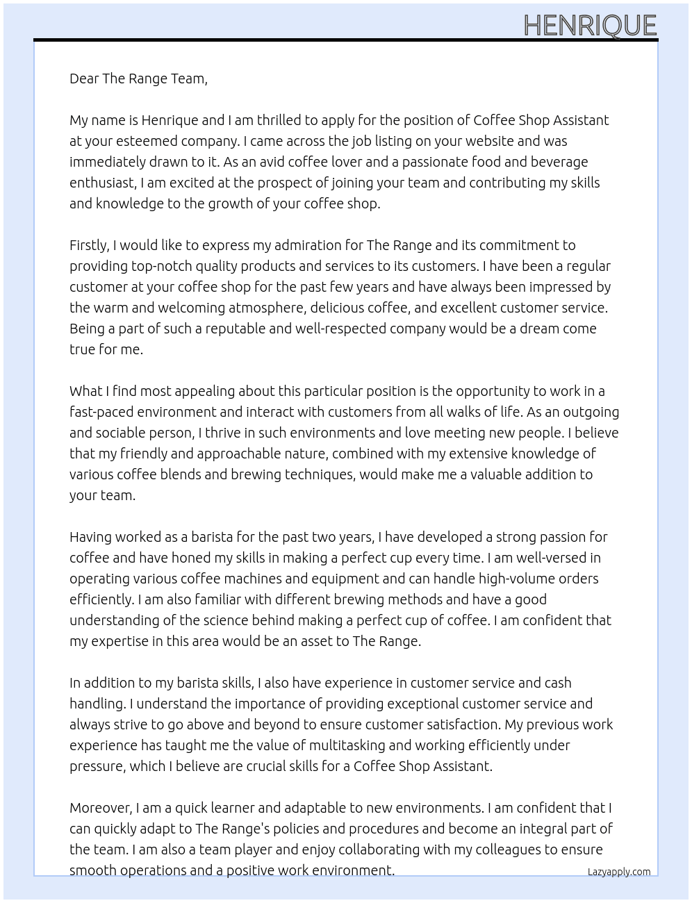Coffee Shop Assistant At the range Cover Letter