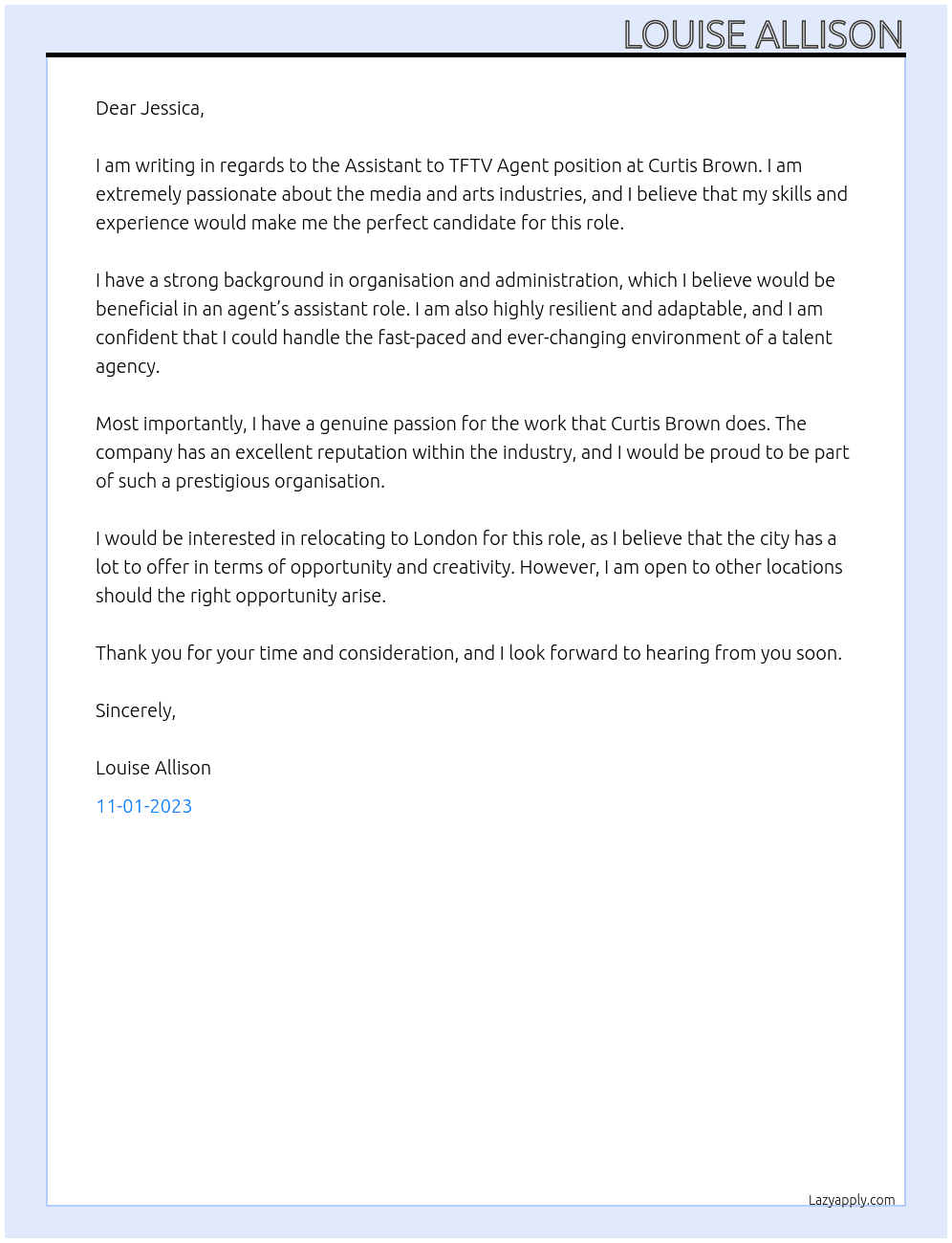 Assistant to TFTV Agent At Curtis Brown  Cover Letter