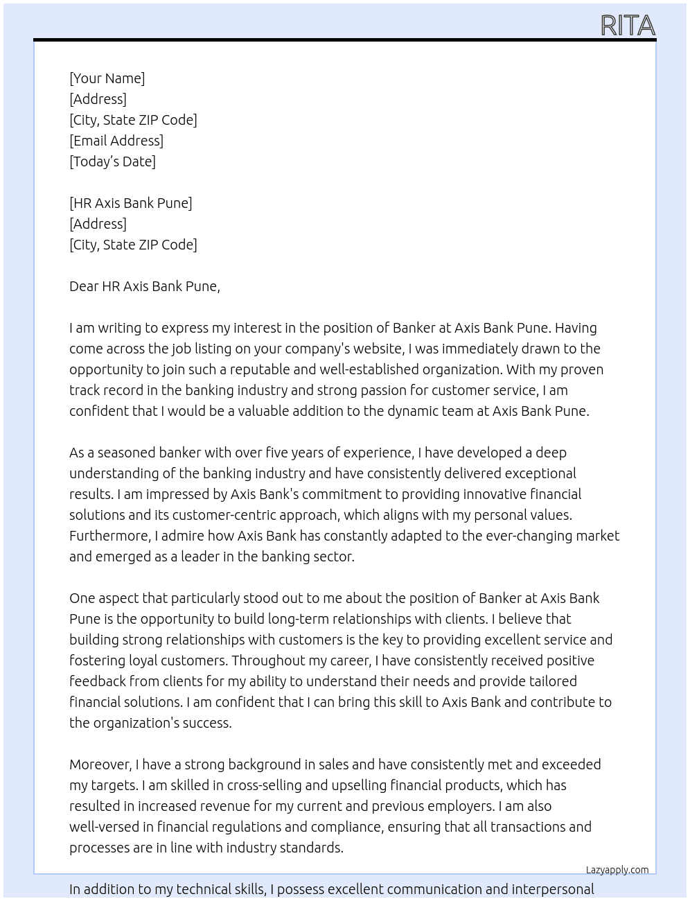 banker At Axis bank pune Cover Letter
