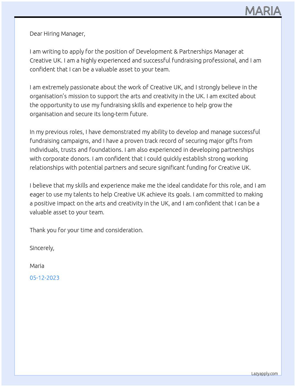 DEVELOPMENT & PARTNERSHIPS MANAGER At Creative UK Cover Letter