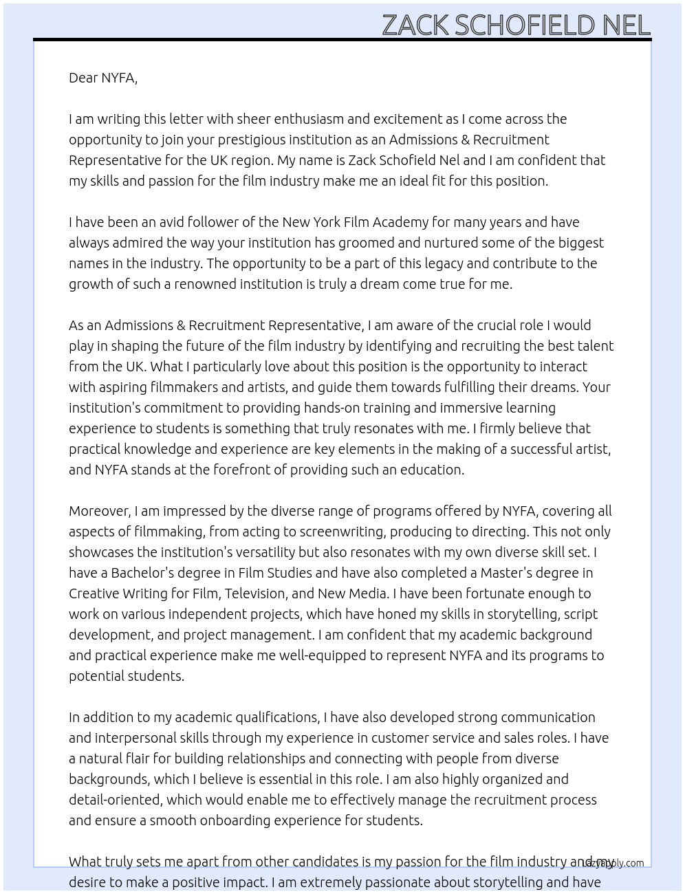 Admissions & Recruitment Representative - UK At New York Film Academy Cover Letter