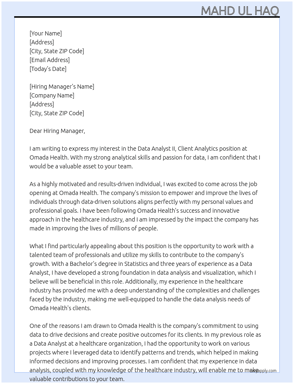 Data Analyst II, Client Analytics At Omada Health Cover Letter