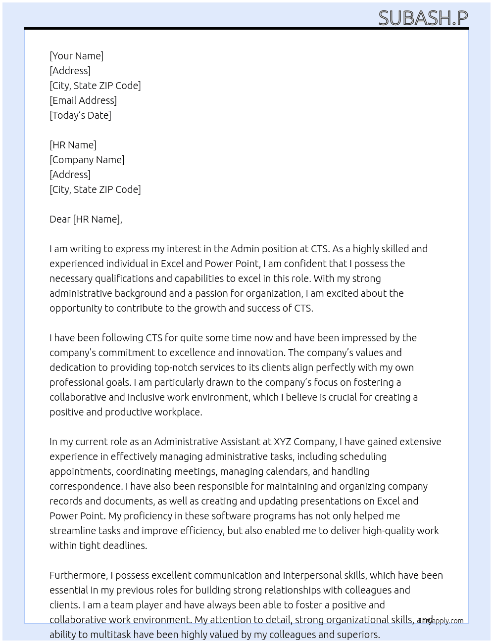 Admin At cts Cover Letter
