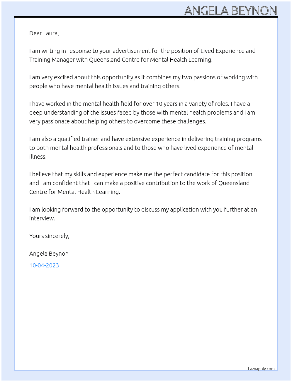 Lived Experience and Training Manager At Queensland Centre for Mental Health Learning Cover Letter