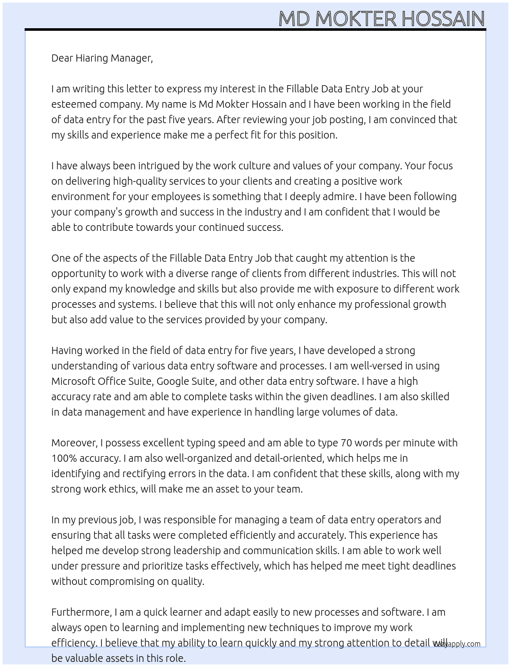 fillable data entry job At hiaring manager Cover Letter