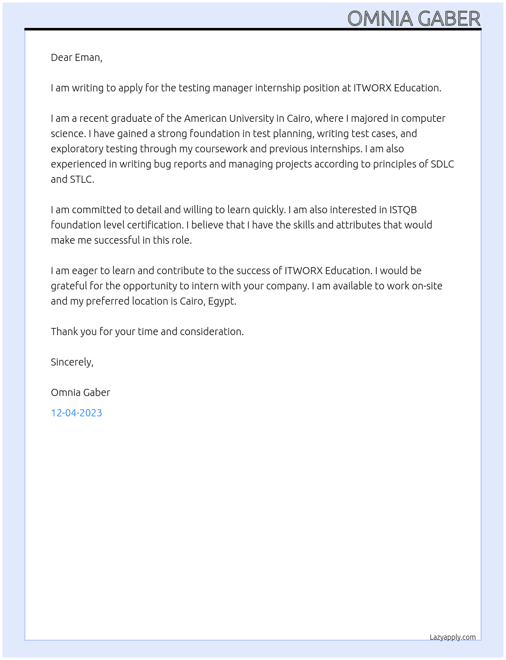 Internship - Testing At ITWORX Education Cover Letter