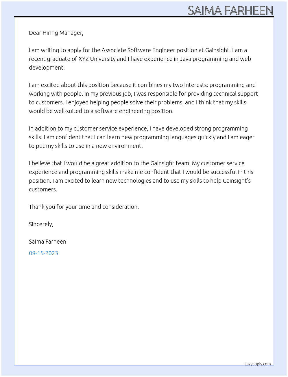 Associate Software Engineer At Gainsight Cover Letter
