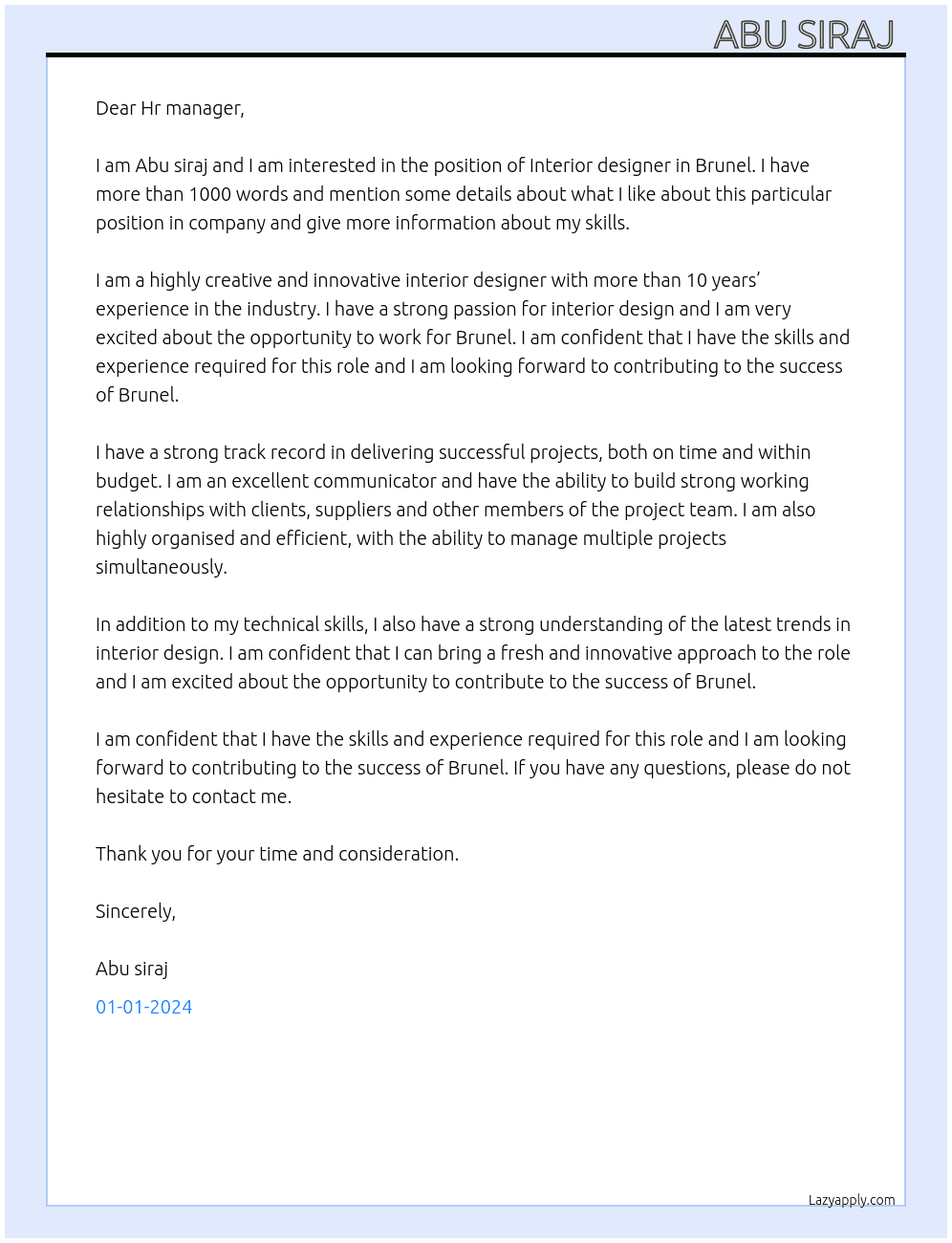 Interior designer  At Brunel Cover Letter