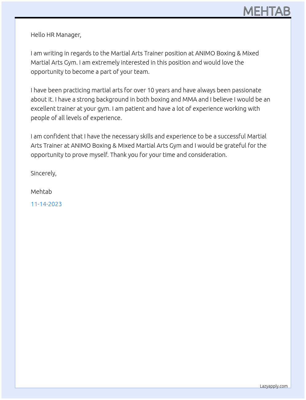 Martial Arts Trainer At ANIMO Boxing & Mixed Martial Arts Gym Cover Letter