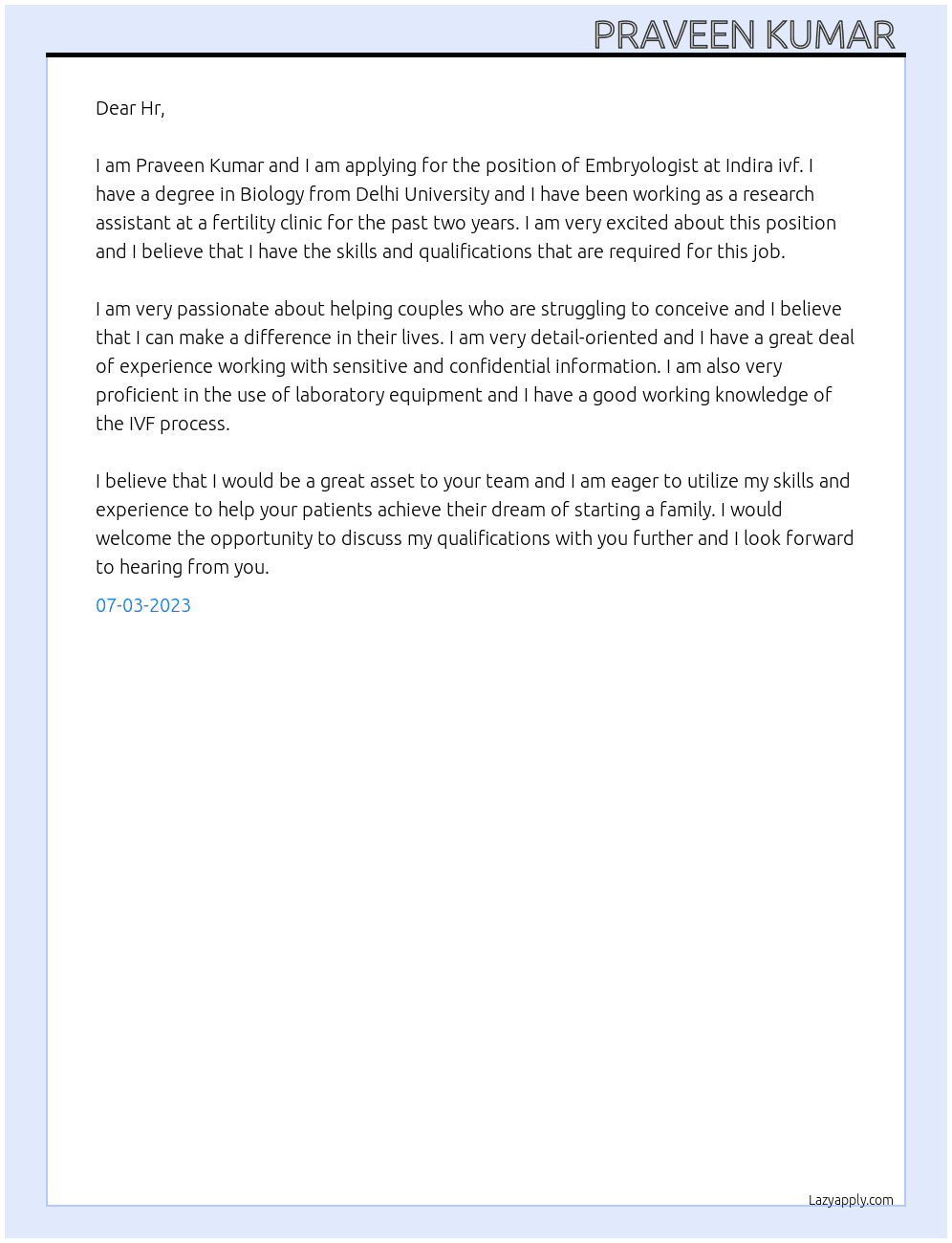 Embryologist  At Indira ivf Cover Letter