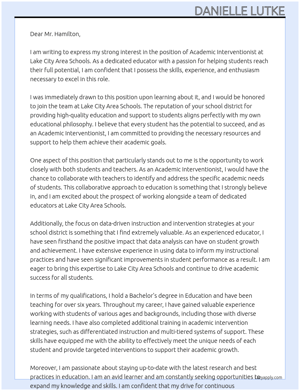 Academic Interventionist At Lake City Area Schools Cover Letter