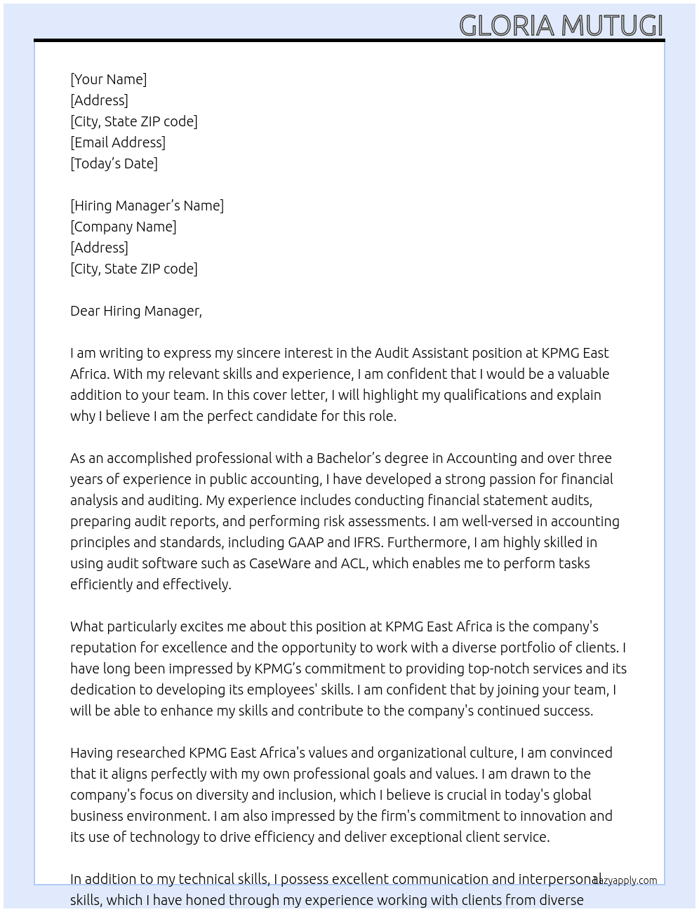 AUDIT ASSISTANT  At  KPMG East Africa  Cover Letter