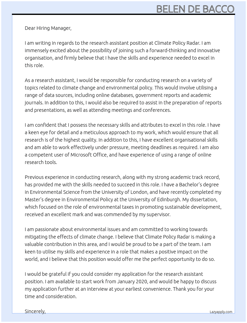 research assistant At Climate Policy Radar Cover Letter