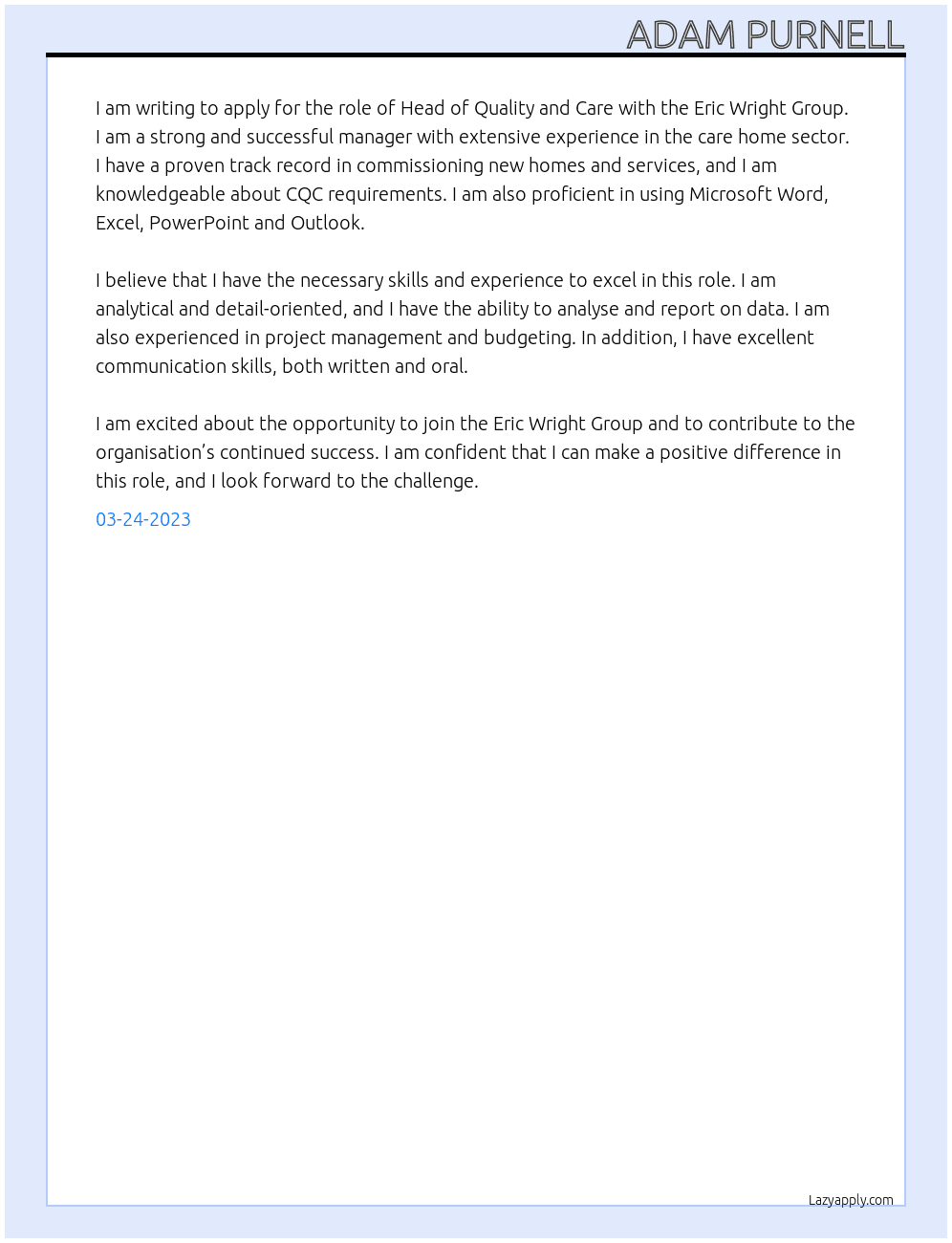 Head of Quality and Care At Eric Wright Group  Cover Letter
